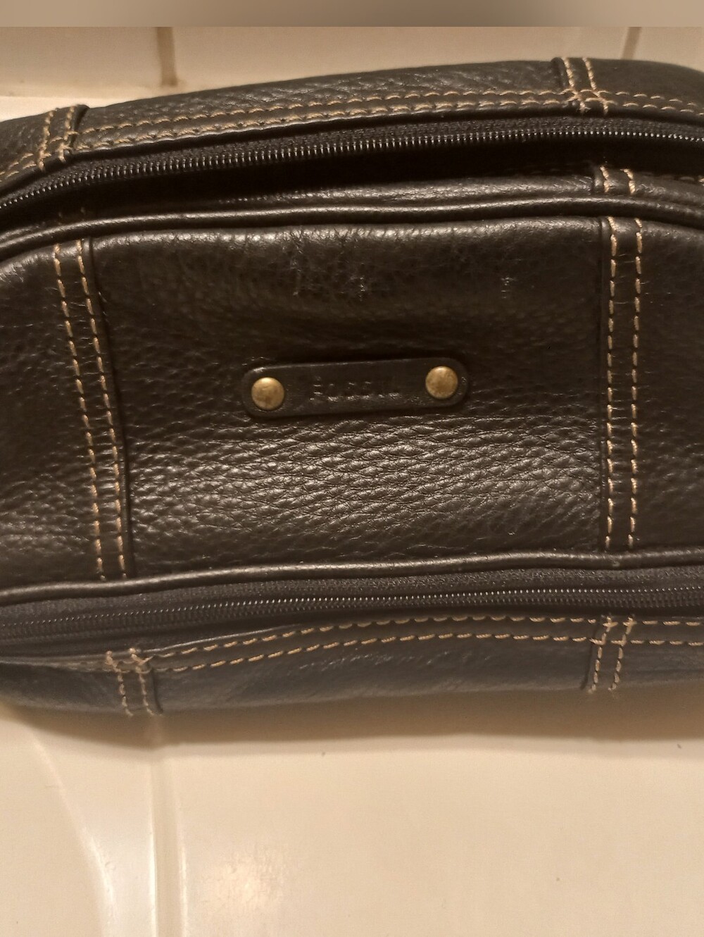 FOSSIL Leather Toiletry Bag - Brown Black with Contrast Stitching